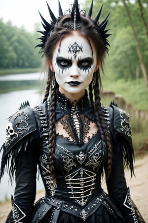 1GIRL,beautiful slavic woman, feelings of compassion, stunning fusion of medieval Nordic bridal attire and punk fashion, smile,((Corpse Paint)),white makeup,black metal makeup,
The gown combines the elegance of traditional Nordic wedding dresses, with a rebellious punk edge,Delicate lace and intricate embroidery adorn the bodice, while bold spikes and leather accents add a modern, edgy twist, ,lis4,cutegirlmix,LegendDarkFantasy,facial expression