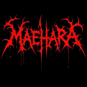 Extreme death metal logo design for the band name "MAEHARA". Highly complex and bloode red text on pure black background,Sharp, jagged, and elongated letter forms resembling thorny branches or lightning bolts. Symmetrical composition with extensions above and below. Dripping, melting effect on some letters. Incorporates spikes, serrated edges, and barbs throughout. Gothic and occult aesthetic with a hint of biomechanical elements. Perfectly balanced negative space between letters. High contrast black and white design without any gray tones. Evokes a sense of darkness, aggression, and otherworldly menace.