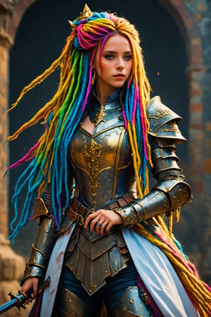 Ultra realistic,princess knight,((very long colorful dreadlocks)), seven-colored hair, wearing gorgeous and stylish western style dress suit, gold cuffs, rings,royal knight,dal,Rainbow haired girl 