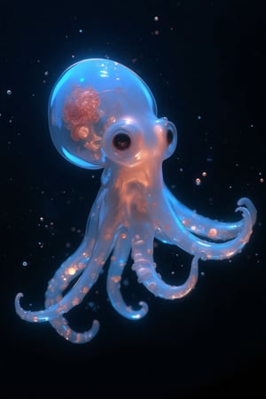 ultra realistic,Close-up photograph of a small translucent octopus floating in dark water,Body is pale blue and semi-transparent,
 A faint pink rose can be seen inside the transparent body,
allowing internal organs to be partially visible. Large bulbous head with a spotted, reddish-brown mantle visible inside. Two large, round eyes with dark pupils, giving a curious expression. Eight tentacles spread out beneath the body, each arm thin and delicate with a slight curl at the ends. Tentacles have a series of small, round suckers visible along their length,Skin has a gelatinous, glass-like quality with a slight iridescent sheen. Fine details such as chromatophores and small bumps visible on the skin's surface,Tiny particles and bubbles float around the octopus, suggesting movement in the water. Lighting appears to come from above, highlighting the translucent quality of the octopus and creating subtle shadows.,#jelly