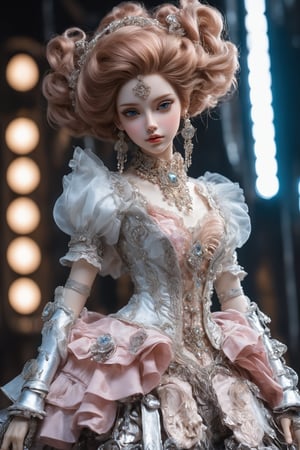 Imagine a ball-jointed doll,dressed in a cyberpunk-inspired Rococo dress. The doll features intricate joints, allowing for lifelike poses. Her dress merges the ornate elegance of Rococo with futuristic cyber elements. The fabric is a mix of rich silks and metallic materials, adorned with elaborate lace and digital patterns that glow subtly. The bodice is detailed with delicate ruffles and cybernetic embellishments, while the skirt flares out in layers, combining traditional Rococo volume with sleek, modern lines. Her hair is styled in a powdered wig, interwoven with fiber optic strands, ,Dollblush,ruanyi0141