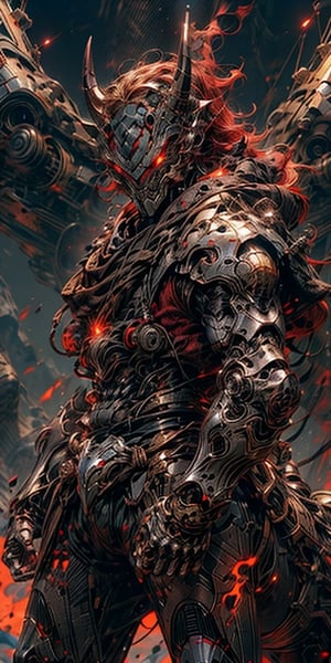 Extreme Detailed,Solo､man wearing Extreme Detailed high-tech fluted armor,((oni style))､No human,(a lower body is horSe,centaur style:1.2),large oni mask,large oni helme､large horn,
mechanical high-tech Futuristic Maximillian armour,metallic RED and silver color､full Face armour,combination sallet and bevor helm,fullbody shot､
,mecha,r1ge