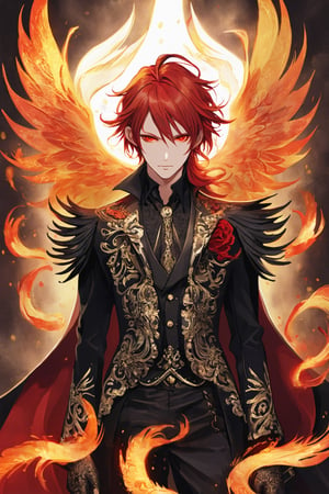 stunning visual kei man, resembling a phoenix. He has fiery red and gold hair, intense glowing eyes, and an elaborate gothic outfit with velvet, embroidery, and feathered accents. His high-collared jacket and accessories feature phoenix motifs, exuding grace, power, and an aura of immortality