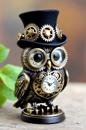 Realistic cute owl,With expressive eyes framed by brass goggles and adorned with clockwork gears, this adorable owl exudes whimsical charm. Its plumage features intricate mechanical details, while a miniature top hat atop its head adds a fashionable touch. Despite its steampunk embellishments, the owl retains its signature cuteness,Owl