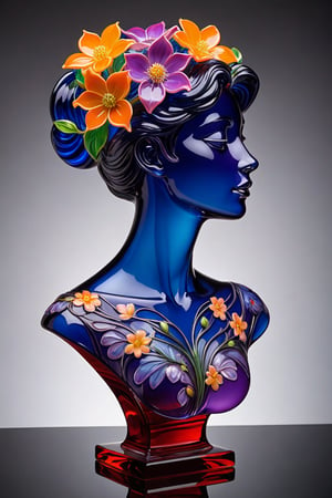 "A translucent glass bust of a woman, exquisitely crafted with smooth, flawless surfaces. The sculpture captures delicate facial features, a graceful neck, and the curve of shoulders. Inside the hollow form, a mesmerizing array of mystical flowers blooms, filling the entire interior. These ethereal blossoms radiate in seven distinct colors - vibrant red, warm orange, sunny yellow, lush green, deep blue, rich indigo, and royal purple. The flowers seem to float and gently swirl within the confines of the glass, their petals and stems creating intricate patterns. Soft, multicolored light emanates from within, causing the glass to glow and creating a prism-like effect on nearby surfaces. The contrast between the clear, solid glass and the vibrant, seemingly alive interior creates a captivating juxtaposition.,hyperrealistic