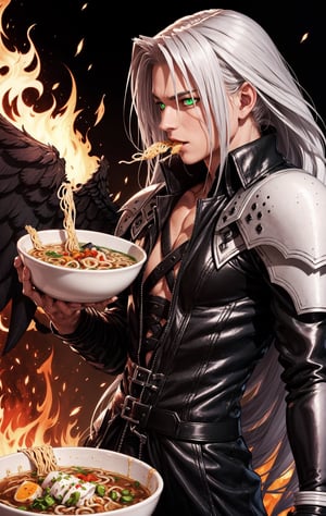 Sephiroth (Final Fantasy),single white wing,one winged angel wing,green glowing eyes,arrogant,manly,confident,eating ramen,dramatic,fire,