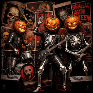 A dark horror-themed illustration of a four-piece band performing,
The musicians wear black bodysuits with a white skeleton print. The members' heads are replaced with carved jack-o'-lantern pumpkins that glow eerily from the inside,
The drummer is playing hard on a silver drum kit on a raised platform,
The guitarist plays an electric guitar and the bassist plays a vintage bass. The lead singer in the center leans on a microphone stand,
In the background, vintage horror movie posters are pasted on top of each other in a chaotic collage. The posters feature classic monsters, screaming faces and bold typography,
The messy posters,
Low-angle view, captures an intense performance in a dynamic pose,
The orange glow of the pumpkins contrasts with the dark shadows and muted poster colors. Occasional red accents are used for emphasis,
A grunge-esque textured art style with sharp, inky lines and rough shading. Halloween themed details: bats, spider webs in the corners, ,aidmaabdhr,