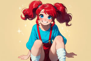 1 little girl,9yo,Pippi Långstrump,Adorable energetic and adorable girl,bright red hair tied in pigtails, A face full of freckles, sparkling blue eyes, a big smile, an oversized blue shirt hanging loosely, long socks with suspenders of different colors on each side,
Socks with different colors on the left and right sides, socks with an asymmetric design,The sunlit background suggests a carefree summer day,
Vibrant color palette. Expressive manga style with detailed textures