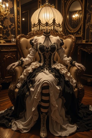 An elegant figure with a decorative table lamp as her head, wearing an extravagant rococo-style dress, ornate fabric in striped black and ivory pattern with elaborate ruching and pleating, dress featuring asymmetrical design with dramatic bustle and layered ruffles, detailed black lace trim and pearl embellishments throughout, lamp shade head designed with vintage pleated fabric in cream and gold tones, delicate crystal beads and tassels hanging from the shade's edge, warm light glowing from within the shade creating ethereal ambient effect, striped stockings with intricate lace pattern, ornate Victorian boots with detailed embroidery and pearl buttons, posed in a graceful sitting position on an antique baroque chair, setting in a luxurious rococo-style room with ornate wallpaper and gilded mirrors, hardwood flooring with detailed parquet pattern, vintage furniture and decorative elements visible in background, professional interior photography lighting with warm ambient glow, ultra high-resolution showing intricate fabric textures and antique finishes, cinematic color grading emphasizing vintage aesthetic,1girl,faceless mannequin