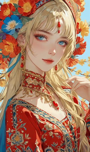 A woman of Scandinavian descent, long beautiful blonde hair, blue eyes, perfect beauty, wearing a beautiful traditional Tajik bridal costume.The luxurious dress is intricately embroidered in gold and red and is very colorful. full of happiness,
,emo,hubggirl