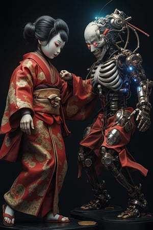 A dramatic duel scene between traditional Ichimatsu doll and cybernetic Ichimatsu doll. Pure traditional doll has classic pale porcelain face, perfect black hair, and pristine red kimono with gold patterns. Cybernetic doll features broken porcelain face revealing chrome skeleton, glowing red eye sensor, exposed metal spine, and torn red kimono showing mechanical parts with blue LED glow. Both dolls in dynamic fighting poses on black display base. Traditional doll stands elegantly while cyber doll twists in unnatural mechanical angles. Studio lighting creates contrast between soft shadows on traditional doll and harsh metallic reflections on cyber parts. High detail showing both kimono embroidery and mechanical elements (servos, wires, metal joints). Dramatic composition suggests confrontation between tradition and technology. Professional photography with vintage horror aesthetic, sharp focus on both dolls' faces. Cold color grading punctuated by red kimono, glowing sensors, and blue LED accents.