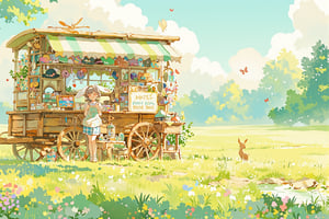 A warm and serene anime-style watercolor illustration. A lush meadow with wildflowers. A vintage wooden wagon converted into a quaint magic hat shop. Soft diffused sunlight creates a dreamy atmosphere.
A cheerful bunny-eared girl with fluffy white ears wears a pastel blue and white gingham apron. She stands behind the counter inside the wagon and smiles warmly.
Whimsical and colorful magic hats are on display, hanging from shelves and the wagon's awning,
Wagon details: floral-decorated wooden wheels, striped awning, hand-written "Maple's Magic Hat Shop" sign. A teapot and cups are placed on a small table for customers.
Surrounding nature: fluffy clouds, a nearby stream, butterflies, a family of deer watching from the edge of the forest. Gentle brushstrokes and soft colors accentuate the peaceful and magical atmosphere.rn,lyh,Japanese pattern