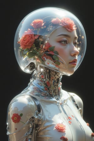 Graceful female translucent cyborg, features of a Nordic woman,Beautiful feminine body lines, the body is made of a translucent gel,Perfect translucent body, The body is as delicate as a crystal, with soft, diffused edges catching the light. Multiple blooming roses float inside the transparent body, creating an inner garden. Rose petals and stems in various shades of crimson and emerald green float inside the transparent gel body. The inner roses appear softly glowing, giving the transparent body a warm, organic contrast. Subtle refractions and distortions are visible through the structure of the gel body, transparent hair flows and rose petals are occasionally visible within it, the light passing through the body creates a prismatic effect and subtle shadows,Nicoletta Ceccoli X Daria Petrilli art,1girl,真實綠眼金髮美女