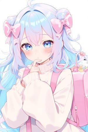 cute anime-style girl with long, wavy hair in pastel blue and pink tones. She has large, expressive eyes in a soft blue color and is wearing a cozy white sweater. She has two large bows in her hair, matching the pastel colors of her hair. She holds her hand to her lips in a shy, thoughtful pose. On her back is a pastel pink backpack, with a small stuffed animal and colorful accessories attached to it. The overall color palette is soft and dreamy, with bright pastel tones and gentle lighting.,lyh