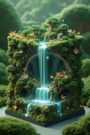 Isometric style, beautiful magical forest diorama,. Multilayer 3D cube structure with a width of 30cm,
A huge amount of water falls from a gigantic and beautiful mysterious waterfall, a beautiful rainbow appears around the waterfall, and miniature golden butterflies decorate the surrounding area.
Overall greenish color scheme. Highly detailed, 8K resolution, tilt-shift effects. Photorealistic miniature art style.,noc-isometric,EdwardH0pp3r