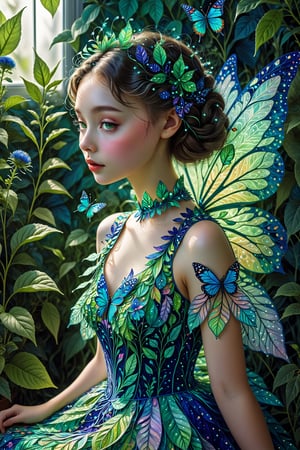 Unbelievably delicate technique, elaborate paper cut-outs,
1girl, Fairy Queen, Beautiful Aesthetic, Intricate Detail, Super Detail, Artistic, Fantastic, Vintage Style, (Cobalt Green, Watercolor),Colorful, Minimal,  (Glamourous Fairy) , Eyelashes, Attractively Athletic, leaf dress, flower, butterfly, plant, (fractal art, colorful pattern, zentangle:1.1) ,sit, ,DonMF41ryW1ng5XL