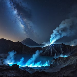 Nighttime scene of Indonesia's Ijen volcano,((blue flames)),Ethereal blue flames erupting from the crater, illuminating the darkness. Sulfuric fire casting an otherworldly glow across the rugged landscape. Smoke and steam rising, creating a mystical atmosphere. Starry sky above, with Milky Way visible. Jagged rocks and barren ground surrounding the crater. Reflections of blue fire in a nearby acidic lake.,BlFire,y0sem1te