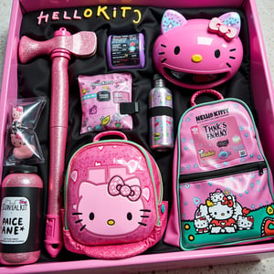 The "Zombie Survival Kit" is filled with adorable Hello Kitty-designed items. The kit includes a bright pink sparkly axe with Hello Kitty's face on the handle, a cute and compact backpack covered in her iconic bow, a small decorated first aid kit, Hello Kitty-printed bandages and syringes, a sleek water bottle with Hello Kitty's face etched on it,Completing the kit is a stylish bubblegum pink helmet with Hello Kitty's ears sticking out from the sides,(The screen has the text "Hello Kitty Survival Kit" and "$450" written in cute font)