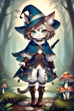 fairy cat,Adorable Cait Sith fairy, dressed as Early Modern European musketeer, feline features with mystical aura, large expressive eyes, whiskers, pointed ears, wearing plumed cavalier hat, ornate doublet with lace collar, cape, breeches, and tall boots,magical sparks around paws, forest glade background with mushroom circles, misty atmosphere, moonlit scene, detailed fur textures, blend of photorealism and whimsical fantasy style