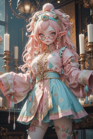 A cute and eerie cosplay of a Chinese jiangshi (hopping vampire) with a kawaii twist. The character wears a pastel-colored traditional Chinese outfit, featuring a light blue skirt with pink trim and a pale pink top with ornate designs. The outfit is adorned with gold embroidery and tassels.
The character has long, curly pink hair with elf-like pointed ears. They wear a small hat with a pom-pom on top, tilted to one side.
Face makeup resembling patchwork, with different colored patches of pale skin tones, creating a stitched-together look reminiscent of a doll or corpse. Some faint stitch lines are visible between patches.
The character's pose is stiff and upright, with arms outstretched, mimicking the traditional jiangshi stance. The expression is a mix of cute and vacant, with wide eyes behind the glasses.
The background is a modern room with some gothic elements like candles and cobwebs, contrasting with the character's cute appearance.
Lighting is soft and dreamy, enhancing the pastel colors and eerie atmosphere.
Hyper-detailed, 8K resolution, cosplay photography style with influences from both kawaii culture and horror aesthetics,Jiang Shi,Cosplay