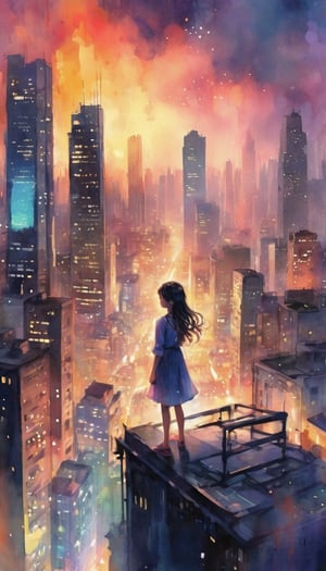 ((Enchanted Evening in a Luminous Metropolis)),
Digital Art Watercolor Texture,
Artistic Style,((Semi-Abstract with Glowing Elements)),
The focal point is a young girl standing on a rooftop, overlooking a sprawling city bathed in twilight. The cityscape glows with a myriad of lights, resembling a circuit board full of life.
The girl's hair and clothes flutter gently in the breeze, indicating a moment of silent contemplation amidst the urban rush.
The buildings are depicted with ((luminous outlines)) and ((saturated colors)), shimmering like mirages against the darkening sky,
To enhance the mystical atmosphere, you may include ((floating digital screens)) displaying snippets of conversations or memories, adding a layer of narrative to the image.
Picture Perspective and Distance:
