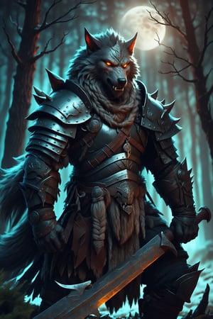 Werewolf warrior in Viking attire,wolf face, massive greatsword resting on shoulder, fur-trimmed leather armor, Norse runes on blade, standing amidst ancient pine forest, misty atmosphere, moonlight filtering through branches, glowing amber eyes, wolf-like features, battle-scarred, muscular physique, braided beard, iron helmet with horns, snow-covered ground, distant howling, photorealistic style, dramatic lighting,LegendDarkFantasy,kawaii knight,cyborg,royal knight,werewolf,IzutsumiPXL