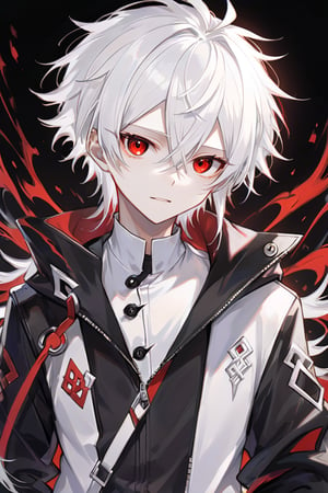  VTuber character,boy, who is a strikingly beautiful young boy with white hair and red eyes. His hair is silky and perfectly styled, falling gently around his face and contrasting sharply with his vibrant red eyes, that seem to glow with an intense, mysterious light, His skin is porcelain smooth, and his features are delicate yet striking, giving him an almost ethereal appearance. He is dressed in a stylish, modern outfit with elements of both fantasy and street fashion,a sleek black jacket with silver accents, a white shirt, and slim-fitting pants. His overall look is both elegant and edgy, capturing the attention of viewers with his captivating presence and unique aesthetic.