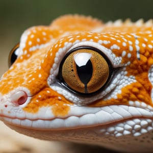 super realistic photos Macro shot,cute Leopard gecko, very realistic and detailed gecko eyes, orange and white body color