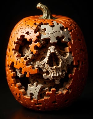 Jack o'lantern head constructed entirely of 3D jigsaw puzzle pieces in orange pumpkin colors, Traditional carved scary face with some pieces intentionally missing revealing bone structure beneath, Each puzzle piece has distinct beveled edges and interlocking mechanisms clearly visible, Several pieces floating or falling away from main structure creating unsettling gaps, Exposed areas show detailed white skull fragments and bone texture visible through gaps, Puzzle pieces vary in size creating complex facial features of pumpkin, Some pieces slightly ajar or misaligned adding to creepy effect, Carved eyes and mouth glow with eerie light showing both puzzle structure and skeletal interior, Surface texture combines smooth puzzle piece finish with realistic pumpkin ridges, Dark shadows cast within missing piece gaps emphasizing depth, Internal bone structure appears aged and weathered, Color palette focuses on orange pumpkin tones contrasting with pale bone white, Lighting creates dramatic shadows between puzzle pieces,JigsawPuzzle