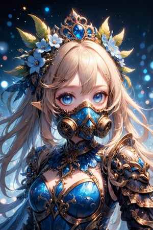 ultra Realistic, Extreme detailed,((Bokeh:1.5)),
 1 girl 12years old, transparent respirator on facethe crown, 
can't believe it's out of this world Beautiful blue eyes,soft expression,Depth and Dimension in the Pupils,
wearing a transparent bodysuit,made entirely of beaded floral embellishments,
the skin color is closer to white,gas mask,
Christmas Fantasy World