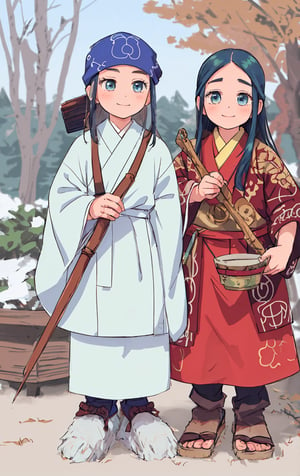 deformed Anime Style, full body, beautiful little girl,Solo,12 years old, smile, holding a bow,  wearing old traditional Ainu clothing, Polish and Japanese half girl,  Shabby threadbare worn-out clothes, beautiful crystal blue eyes, Clothing that has deteriorated over time,  The outfit consists of a robe-like garment called an 'attush' made from intricately woven fabric,  adorned with intricate geometric patterns. She also wears a 'kaparamip' headband with decorative embroidery, The clothing is rich in earthy tones like browns,  reds,  and greens, ,asirpa,SAM YANG