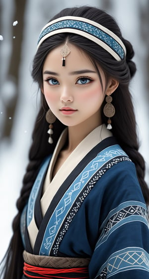 Realistic,full BODY,
Create an image depicting a beautiful girl wearing old traditional Ainu clothing,Russian a Siberian indigenous girl,long black straight hair,
Shabby threadbare worn-out clothes,beautiful crystal blue eyes,almond eyes,arment called an 'attush' made from intricately woven fabric, adorned with intricate geometric patterns. She also wears a 'kaparamip' headband with decorative embroidery,The clothing is rich in earthy tones like black and skull, reds, and greens, reflecting a deep connection to nature,
The girl stands in a serene frost forest setting, 
Girl dancing in the snow,