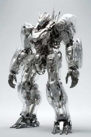 real robot figure,Giant humanoid Machine, adorned with transparent body parts, revealing the intricate machinery inside, giant robotic weapon, smooth and angular design despite transparent parts, pulsating energy and intricate circuitry visible through transparent body parts.,robot, mechanical arms,Glass Elements,Clear Glass Skin,3d figure