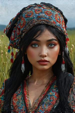 Super detailed, super realistic,beautiful african girl,Curvy body,
She wears old folk costume, long straight black hair,
colorful maria-veil on head,Yakuts folk costume of Siberian minority, beautiful crystal blue eyes, almond eyes, Slouching position, cleavage,intricate textile decorated with colorful and intricate geometric patterns,  decorative embroidery, clothes in earth colors such as black, red and green,beautiful reed meadow landscape,Realistic Enhance,rebdmsd3,hubggirl,poakl girl