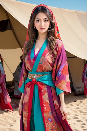 Arabian Atmosphere,Middle Eastern Noblewoman,Picture a fusion of Japanese and Middle Eastern influences in ethnic attire,This ensemble seamlessly blends the elegance of traditional Japanese garments with the vibrant colors and intricate patterns characteristic of Middle Eastern clothing.
The robe, inspired by Middle Eastern styles, 
Imagine a tent standing in the midst of a desert, adorned with traditional Japanese items. The simplicity of the tent contrasts with the intricate details of Japanese elements, creating a unique fusion of cultures within the vastness of the desert landscape.
Meanwhile,h4n3n