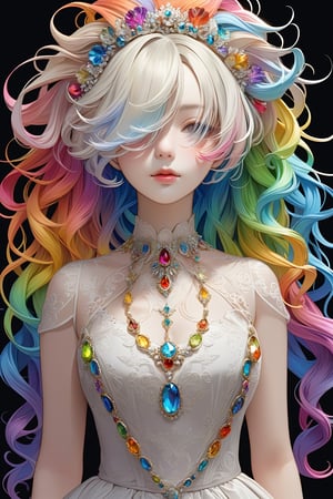 ultra Realistic,1 Girl,((hair over eyes:1.8)), with crazy alternate hairstyle, amazingly intricately hair,((colorful 7color hair)), each braid painstakingly created,decorated with delicate accessories and beads,,aesthetic,Rainbow haired girl ,elegg