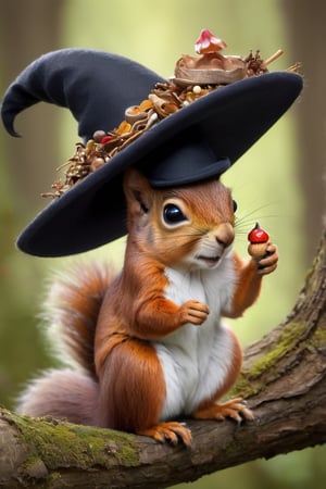 From beneath the brim of the witch's hat, a cute wild squirrel peeks out, its tiny face framed by the hat's enchanting adornments. With bright, curious eyes and twitching whiskers, it adds a whimsical touch to the mystical scene, embodying the playful spirit of nature amidst the magic of the witch's hat.,a1sw-InkyCapWitch