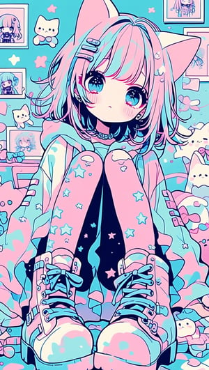 dal-3,,vtuber,
cute anime characters,Beautiful blue eyes,asymmetric bangs,candy punk Fashion,Hooded hoodie shaped like a cute kitten,cat ear hood,Pastel colored clothes based on blue and pink,Pastel Emo Fashion, Anime Print Shirt,Gothic Style tights, long military boots, score_7_up,dal-6 style,pink-emo,emo,dal-1