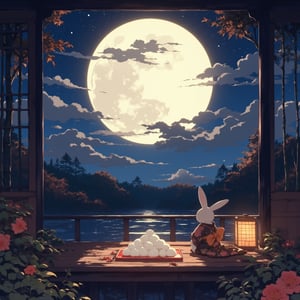 Serene night scene of Tsukimi (moon-viewing) celebration. Magnificent full moon surrounded by wispy oboro clouds in a starry sky. Traditional Japanese garden setting. A cute anthropomorphic rabbit in an elegant kimono with floral pattern, sitting on a wooden veranda. Rabbit gazing at the moon with wonder. Red lacquered tray holding white dango (rice dumplings) arranged in a pyramid. Softly glowing paper lantern nearby. Bamboo stalks and autumn flowers in foreground. Reflective pond surface capturing moonlight. Warm, gentle lighting emphasizing moon's glow. Dreamy atmosphere with subtle mist. Detailed, painterly style blending realism and fantasy. Rich, muted colors with emphasis on silver moonlight and kimono details.,lyh,anime,a woman,ct-skyzo_identity