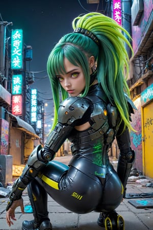 Extreme detailed,Realistic,
1girl, green hair, (absurdly long hair:1.1), straight hair, yellow eyes, bangs,
cyberskullai, armor, skin tight, neon trim, mechanical, face mask, headpiece,
(from above, from behind,) (slav squatting:1.4), arms on knees, annoyed, wide-eyed, raised eyebrow, turning head, looking at viewer, 
outdoors, (science fiction, alley, graffiti:1.1), (night:1.2), night sky, neon lights,High detailed ,cyber_asia ,cyberpunk style,Gopn1k,squat