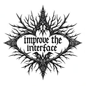 Dark, intricate black metal band logo style design. Text reads "improve the interface". Extremely illegible and creepy typography. Intertwined thorny branches and sharp, angular shapes. Symmetrical layout with a central oval shape. Radiating lines resembling tree branches. Gothic and ominous aesthetic. Black ink on white background. High contrast monochrome illustration. Detailed line work. No color.