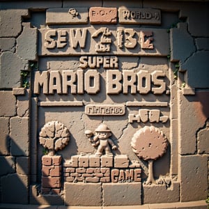 Ancient stone wall carving depicting the title screen of Super Mario Bros. for Nintendo Entertainment System. Intricate bas-relief sculpture with impressive detail. 

Central focus: "SUPER MARIO BROS." title logo chiseled in large, bold letters, mimicking the pixelated font. Nintendo copyright notice etched below.

Top section: Carved representations of "MARIO", score, coin icon, "WORLD", and "TIME" indicators.

Menu options "1 PLAYER GAME" and "2 PLAYER GAME" engraved below the title.

Bottom of carving: Iconic first level scene with Mario standing on brick blocks. Carved bushes and hills in background.

Weathered stone texture with slight discoloration and cracks for an aged appearance. Traces of faded paint in appropriate colors: reds, blues, greens, and browns.

Soft, indirect lighting highlighting the depth and detail of the carving. Small vines or moss growing in crevices for added ancient ambiance.

Surrounding wall shows other partial gaming-inspired carvings, suggesting a larger mural or temple dedicated to classic video games.,reli3f_style,a stone carving of,Pixel Art