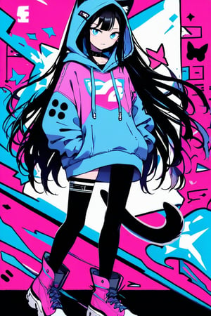 vtuber,1girl, cute anime characters,Beautiful blue eyes,asymmetric bangs,candy punk Fashion,Hooded hoodie shaped like a cute kitten,cat ear hood,Pastel colored clothes based on blue and pink,Pastel Emo Fashion, Anime Print Shirt,Gothic Style tights, long military boots, score_7_up,dal-6 style,pink-emo,emo, art nouveau,vspop,flat style,hand drawn,ek_an1_b00ster