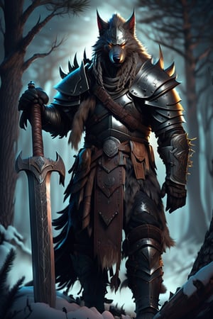 Werewolf warrior in Viking attire,wolf face, massive greatsword resting on shoulder, fur-trimmed leather armor, Norse runes on blade, standing amidst ancient pine forest, misty atmosphere, moonlight filtering through branches, glowing amber eyes, wolf-like features, battle-scarred, muscular physique, braided beard, iron helmet with horns, snow-covered ground, distant howling, photorealistic style, dramatic lighting,LegendDarkFantasy,kawaii knight,cyborg,royal knight