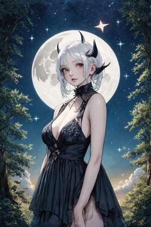 Fairy tale illustrations, otherworldly mythology, perfect sky, moon, shooting stars,
Pagan style graffiti art, general, forest background, one girl, albino demon girl, detailed facial features,sexy sideless dress,Masterpiece, Top Quality, Very Aesthetic, Super Detailed, Sideless Dress, Sidedress, Watercolor, 2bEimi