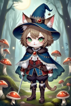 Adorable Cat Sith fairy, dressed as Early Modern European musketeer, feline features with mystical aura, large expressive eyes, whiskers, pointed ears, wearing plumed cavalier hat, ornate doublet with lace collar, cape, breeches, and tall boots,magical sparks around paws, forest glade background with mushroom circles, misty atmosphere, moonlit scene, detailed fur textures, blend of photorealism and whimsical fantasy style
