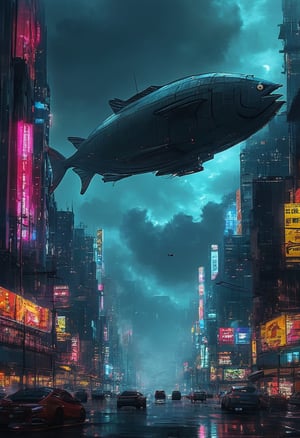 Imagine Neo-Saitama, a cyberpunk city with towering megabuildings lining the streets. The skyline is a maze of sleek,black cloud, futuristic structures, each adorned with holographic neon advertisements that flicker and pulse with vibrant colors. Above, a colossal,((tuna-shaped airship floats serenely)),powerful searchlight, casting a shadow over the bustling metropolis below. The air is filled with the hum of technology and the glow of digital billboards, creating a mesmerizing and dystopian urban landscape