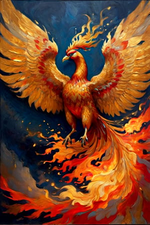 Golden Tempera Painting,Phoenix,A giant bird with beautiful and graceful wings of flame