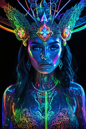 Hologram shaman girl,Nordic Girl, hologram,psychedelic overload covered in intricate neon bioluminescent filigree, black backdrop background, dynamic portrait, hyperrealism, highly detailed RAW color art, bokehrainbow hologram, , futuristic, transparent body,neon tube,rainbow colors,aesthetic,neon photography style,ohwx woman