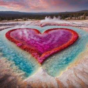 Picture a Yellowstone National Park geyser surrounded by a vibrant sea of blooming ❤ ❤ ❤,Geysers spewing out large numbers of hearts  ❤ ❤ ❤,Geyser in the shape of a heart symbol, their petals carpeting the ground in every shade of red, pink, and white imaginable. Amidst this floral paradise, the geyser's steam rises like a veil, casting a soft, ethereal glow over the scene. The scent of roses fills the air,grandpr1smat1c,Flora,ap0l0veh3art5 style